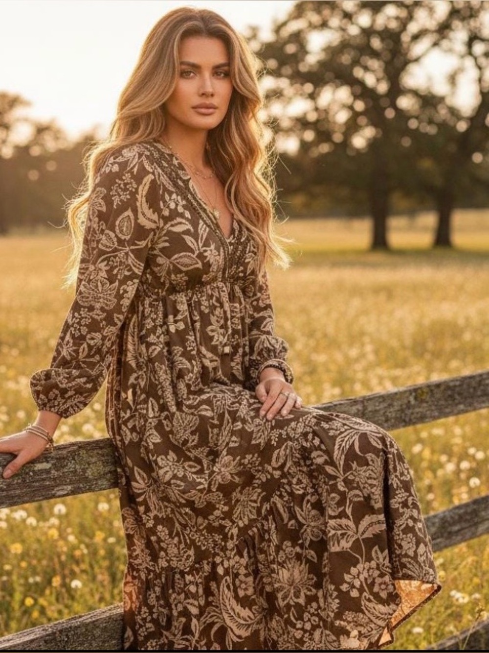 Boho Brown Floral Tiered Maxi Dress with Cream Print